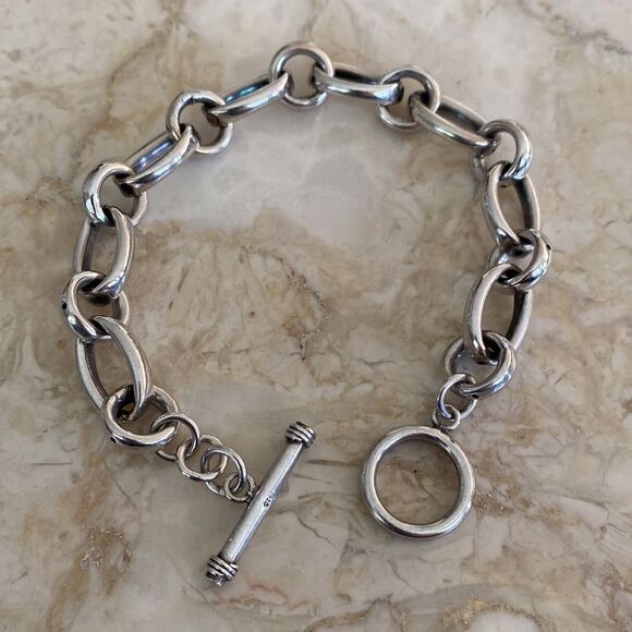 925 Sterling Silver Chunky Oval Links Toggle Bracelet 9” - Picture 4 of 9